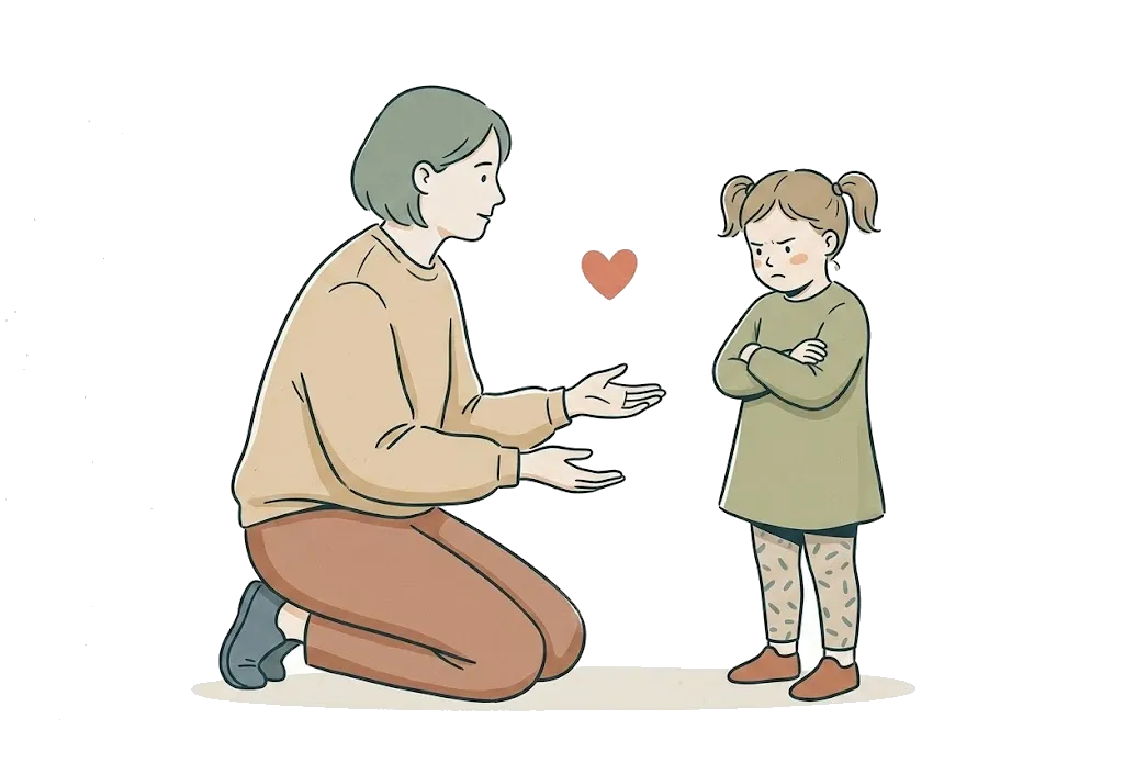 Un padre acercándose con gesto amable y paciente a una niña con los brazos cruzados, un corazón flotando entre ambos