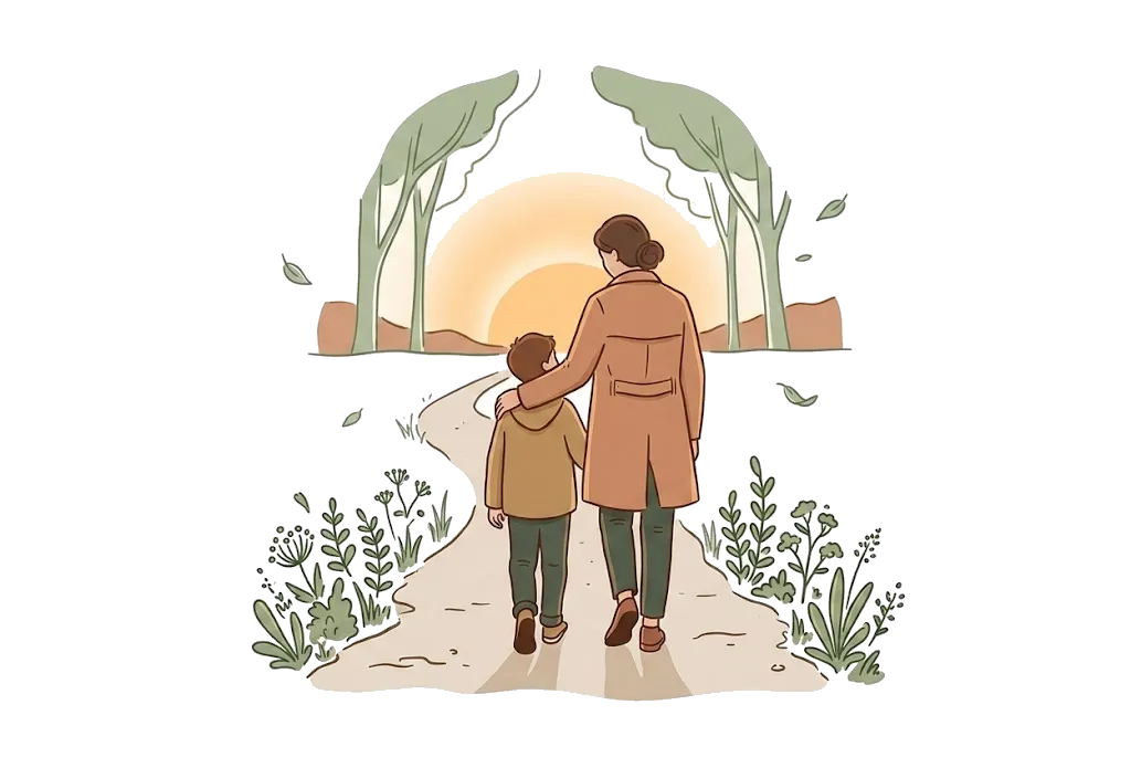Una madre y su hijo caminan juntos por un sendero hacia un amanecer cálido, rodeados de plantas verdes