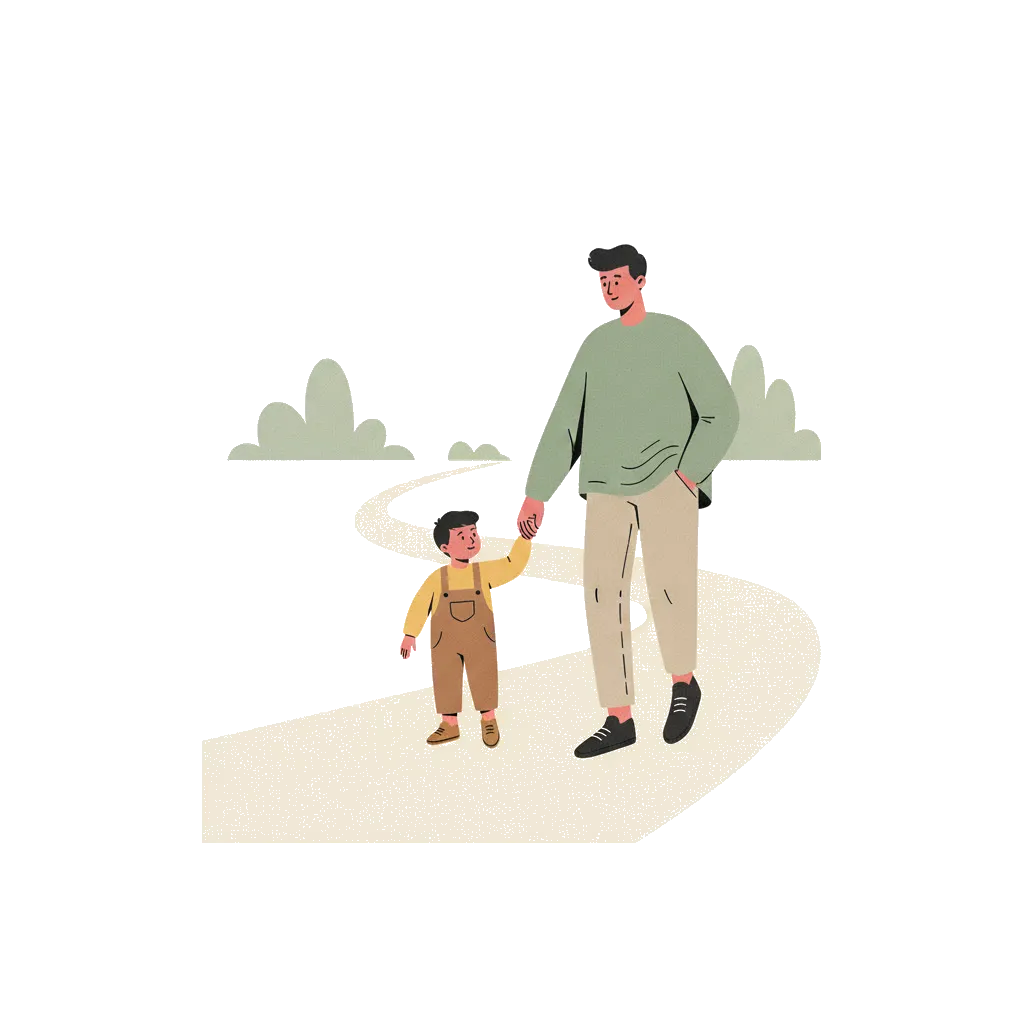 Un padre caminando de la mano con su hijo por un sendero